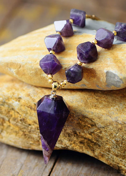 Boho Necklace, Amethysts Hexagonal Cone Pendant Necklace